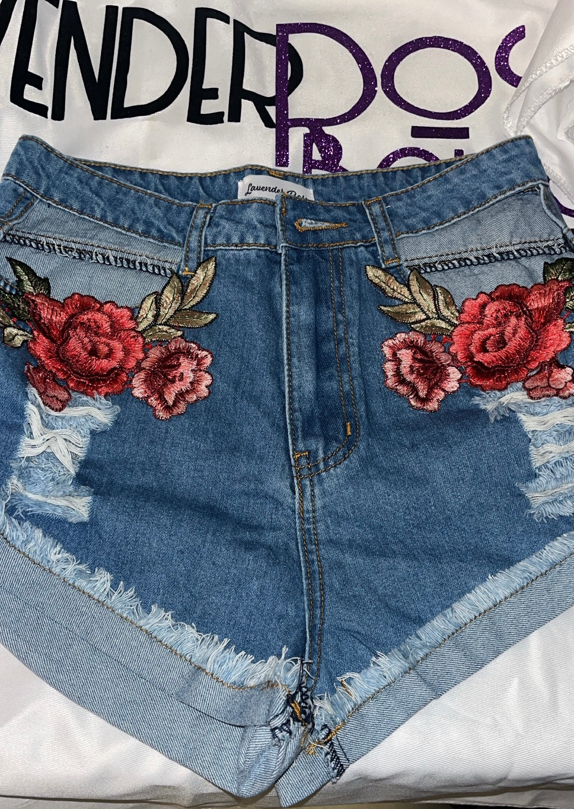 Embroidered Rose Denim Shorts